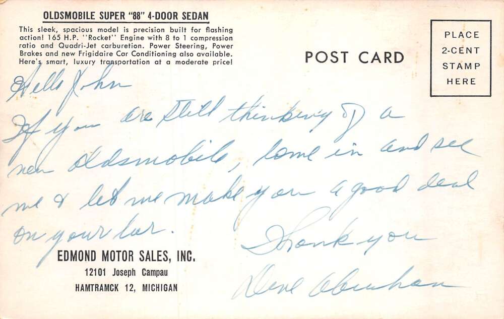 Hamtramck Michigan Ewmond Motor Sales Oldsmobile Super 88 Postcard AA72628 - Image 2