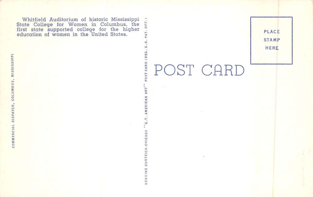 Columbus Mississippi MSCW Whitfield Auditorium Vintage Postcard AA72632 - Image 2