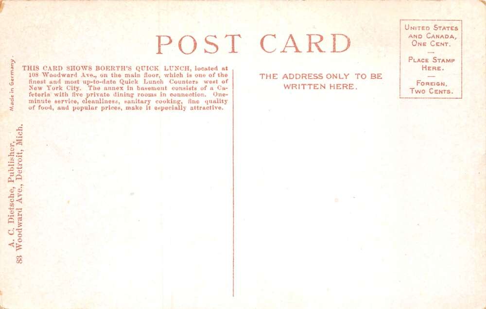 Detroit Michigan HJ Boerth's Quick Lunch Restaurant Vintage Postcard AA72646 - Image 2