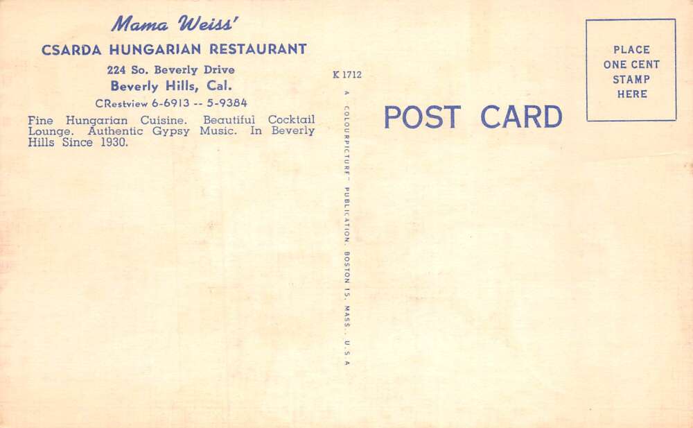 Beverly Hills California Mama Weiss Csarda Hungarian Restaurant PC AA72681 - Image 2