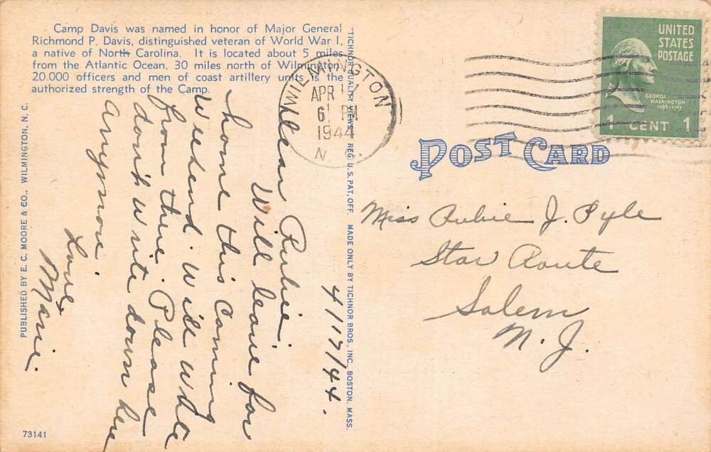 Holly Ridge North Carolina Greetings From Camp Davis, Large Letters, PC U11977 - Image 2