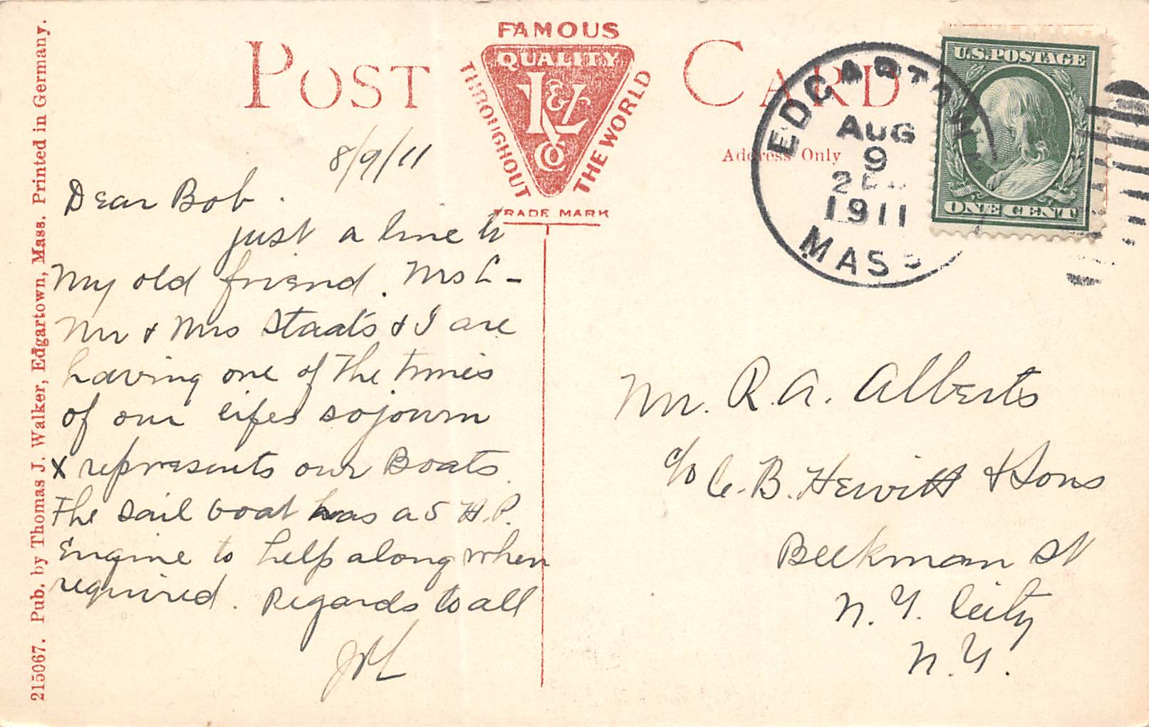 Edgartown Massachusetts Tower Hill, View From Osborn's Wharf, Vintage PC U12025 - Image 2