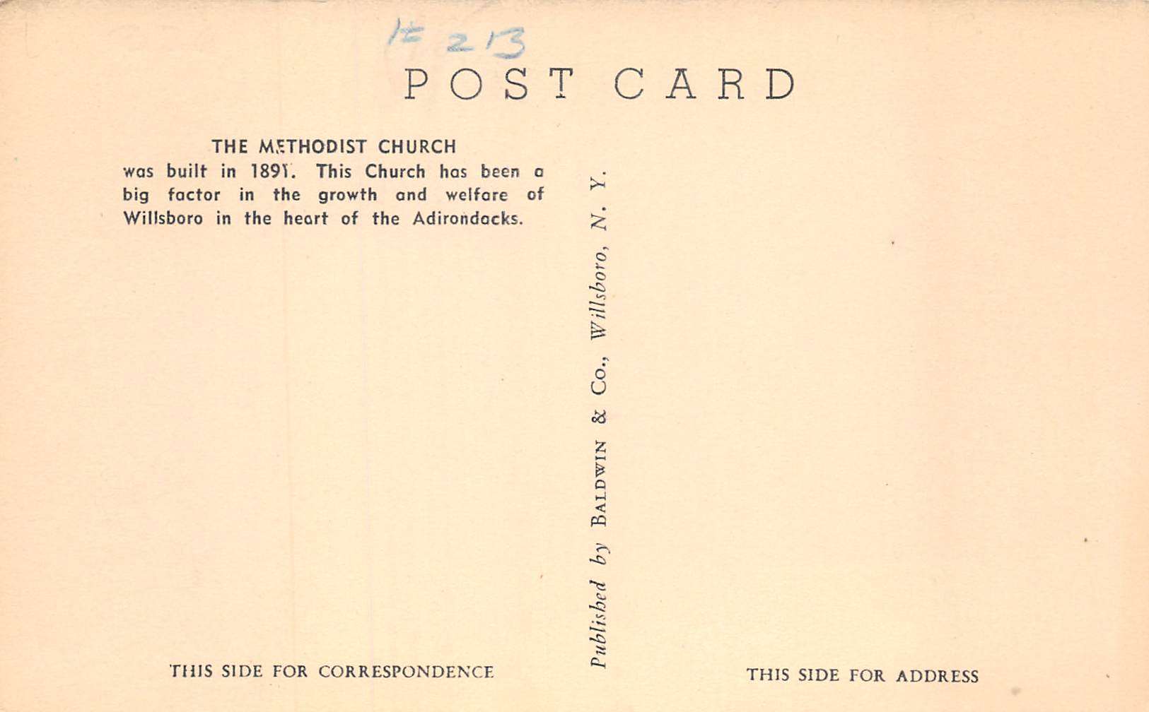 Willsboro New York Methodist Church, Adirondack Mtns., Vintage Postcard U12179 - Image 2