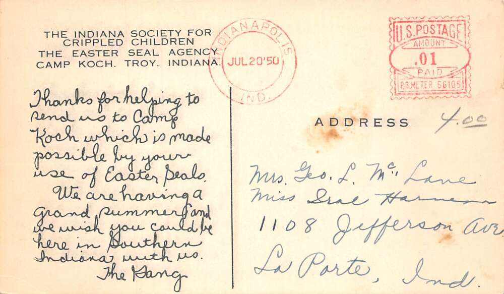 Troy Indiana Camp Koch Society for Crippled Children Vintage Postcard AA73048 - Image 2