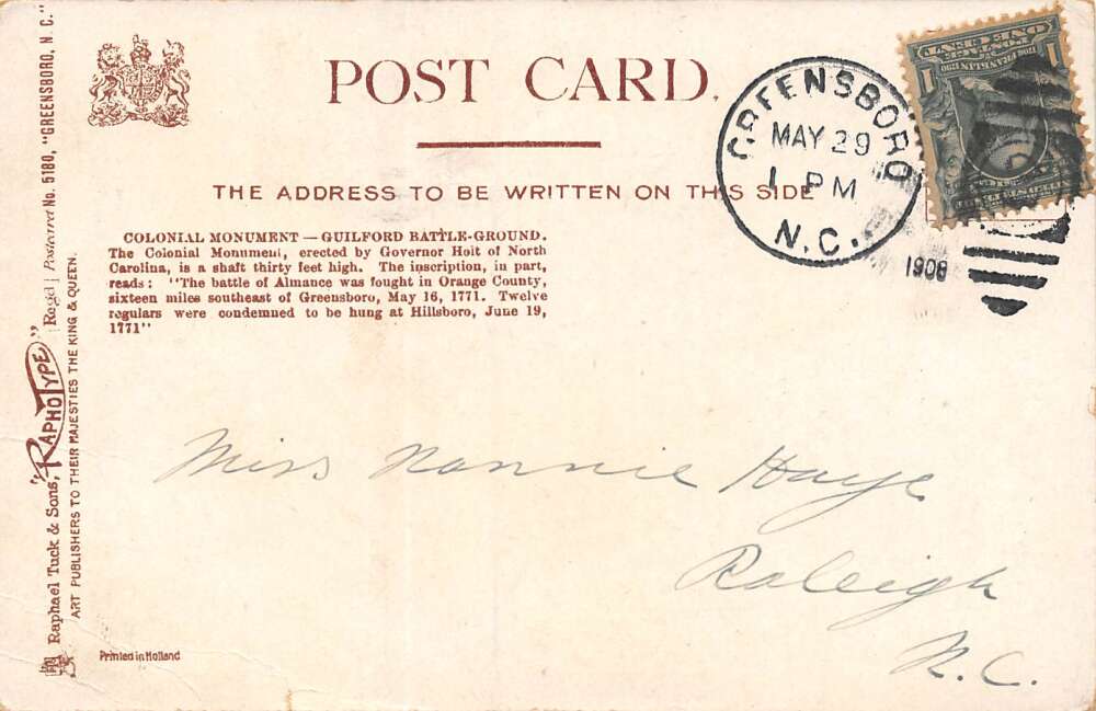 Greensboro North Carolina Colonial Monument, Guilford Battleground, PC U12422 - Image 2