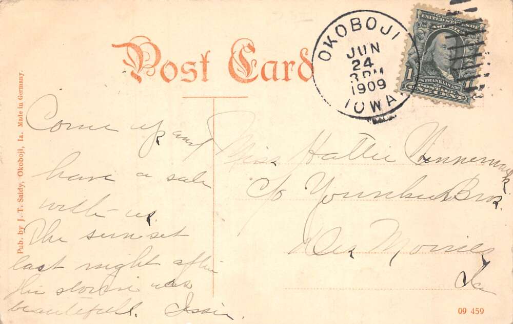 Okoboji Iowa Moonlight on Lake Sailing Vintage Postcard AA73262 - Image 2