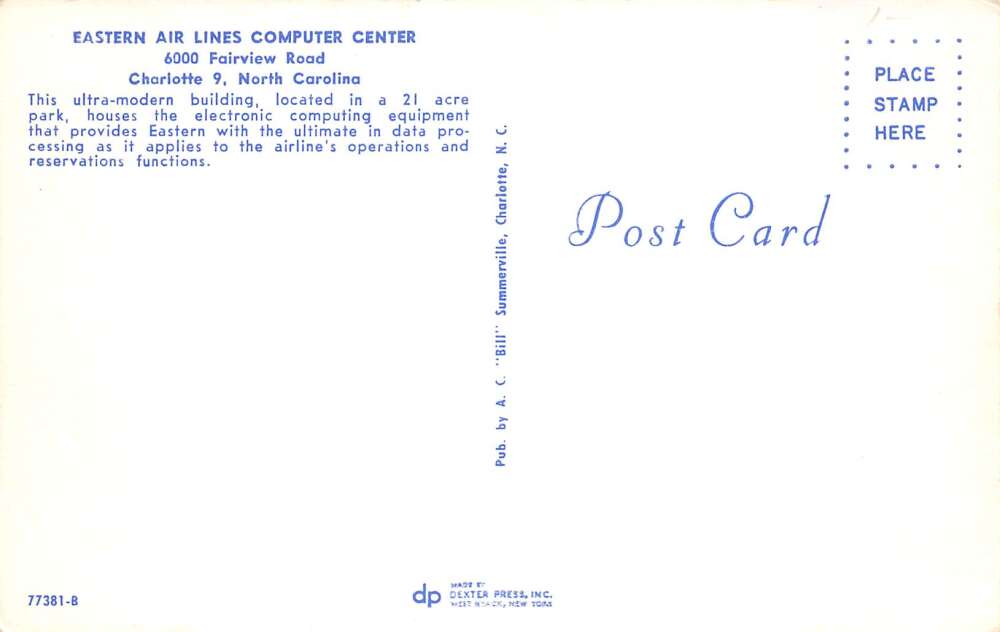 Charlotte North Carolina Eastern Airlines Computer Center Postcard AA73311 - Image 2