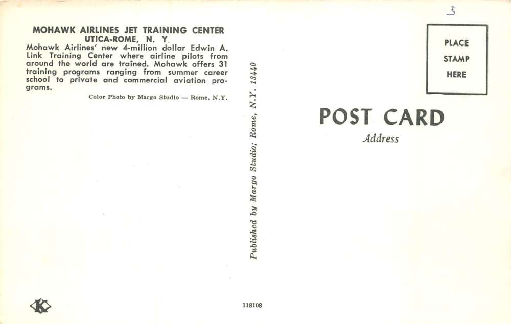 Utica Rome New York Mohawk Airlines Jet Training Center Postcard AA73312 - Image 2