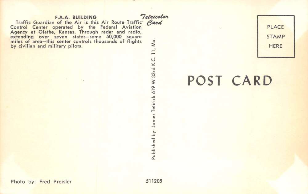 Olathe Kansas Federal Aviation Agency Air Traffic Control Postcard AA73313 - Image 2