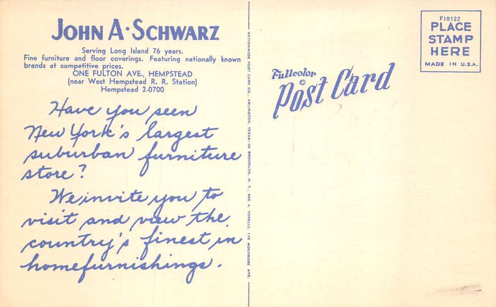 Hempstead New York John A Scwarz Appliances Furniture Store Postcard AA73415 - Image 2