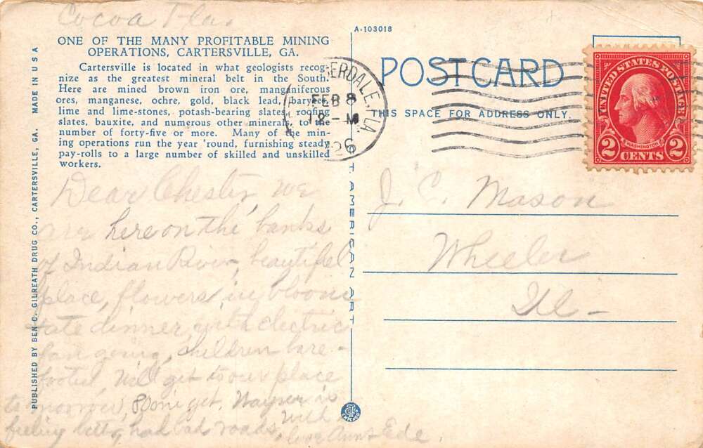 Cartersville Georgia Mining Scene Vintage Postcard AA73456 - Image 2