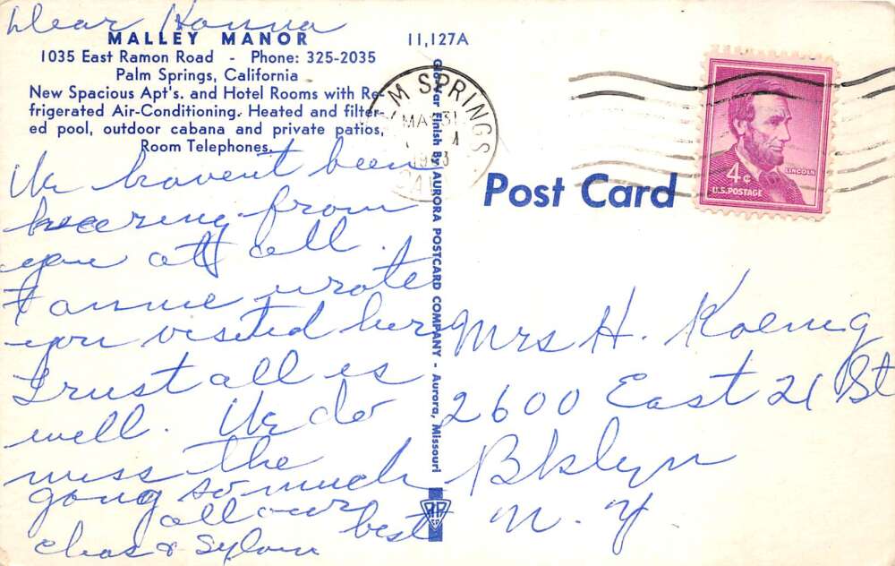 Palm Springs California Malley Manor Roadside America Vintage Postcard AA73634 - Image 2