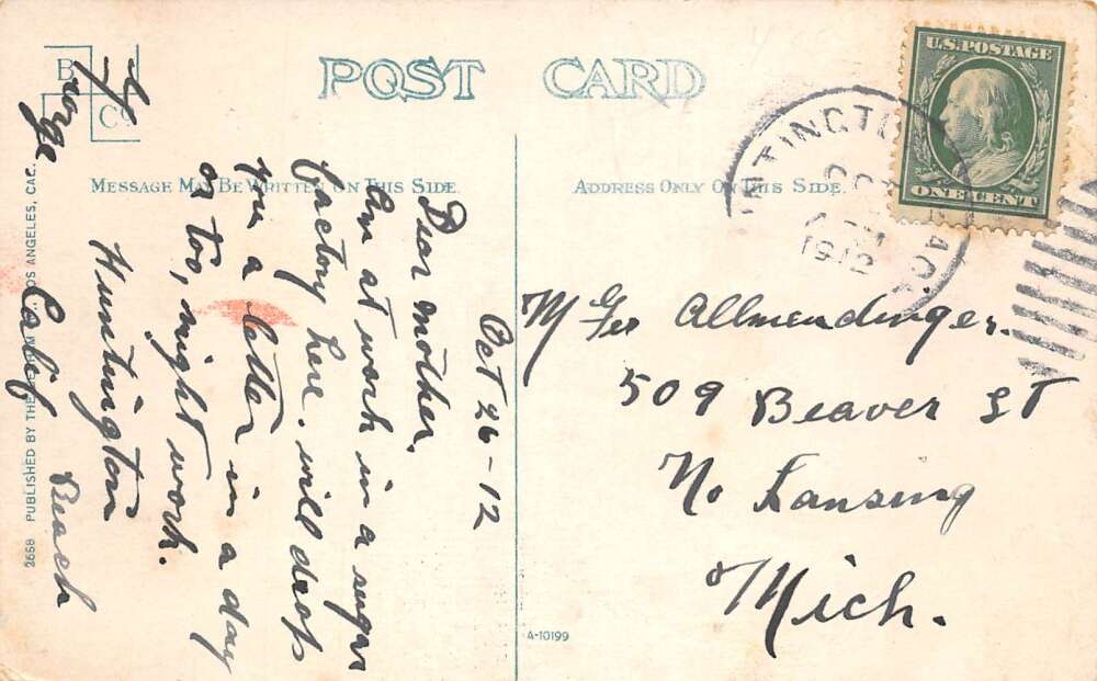 Huntington Beach California Beach and Pavilion from Pier Postcard AA73676 - Image 2