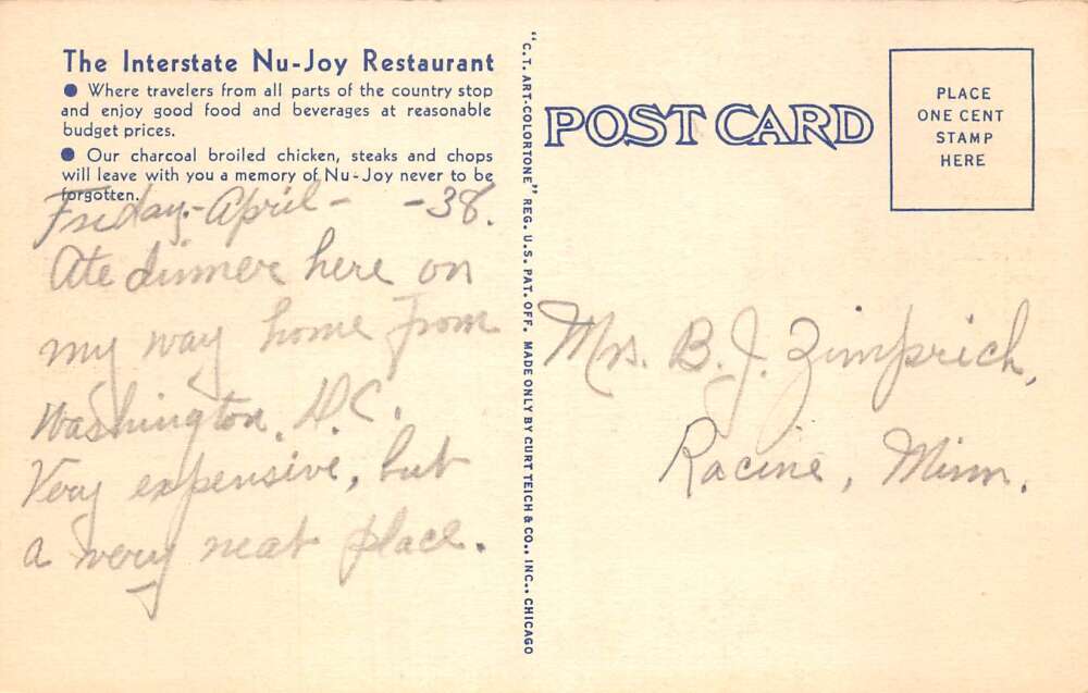 Kentland Indiana Nu-Joy Restaurant Greyhound Bus Station Postcard AA73940 - Image 2