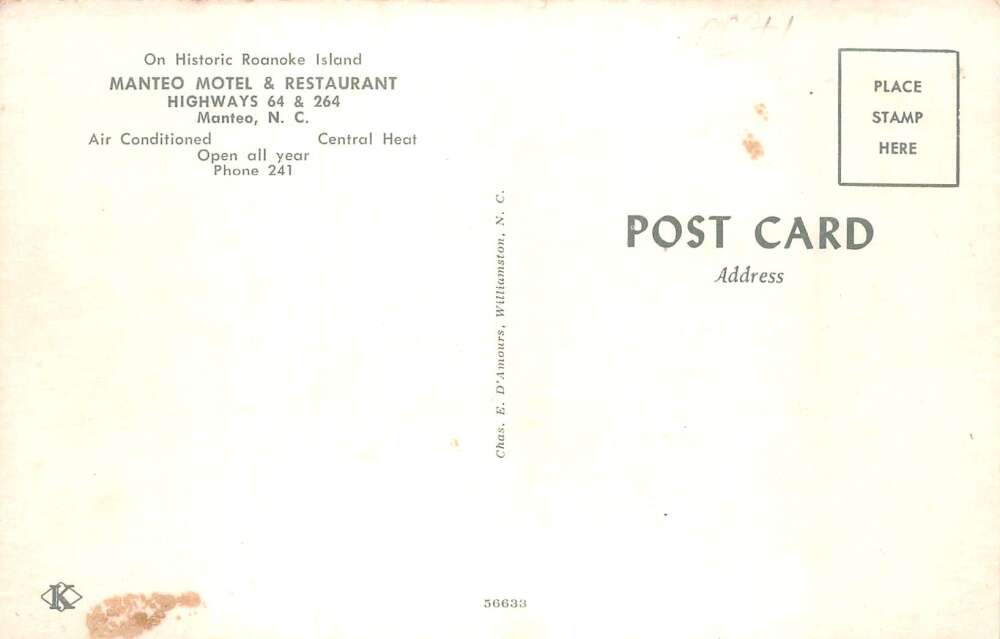 Manteo North Carolina Manteo Motel and Restaurant Vintage Postcard AA73952 - Image 2