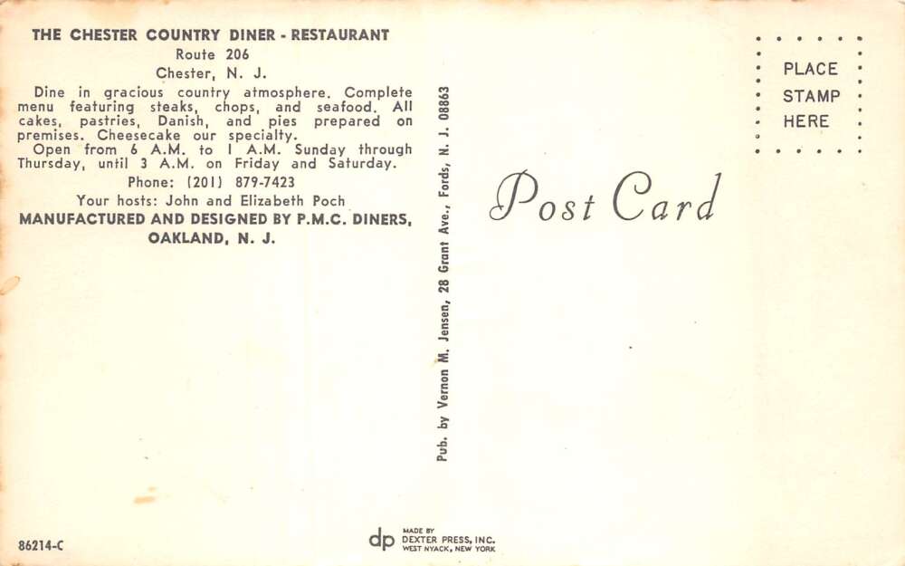 Chester New Jersey Chester Country Diner Restaurant Vintage Postcard AA73986 - Image 2