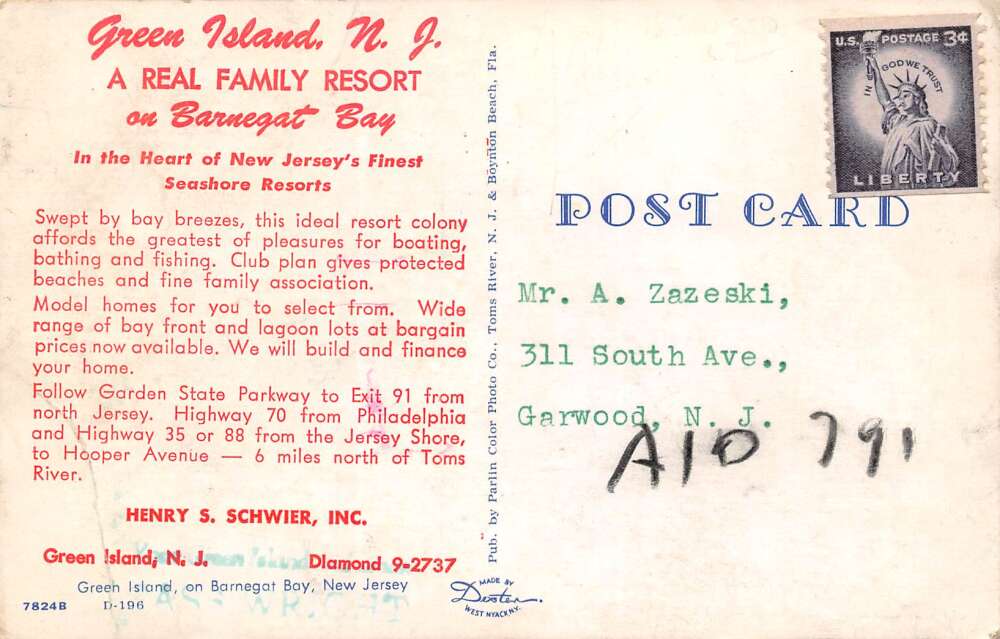 Barnegat Bay New Jersey Green Island Resort, Aerial, Chrome, Vintage PC U12559 - Image 2