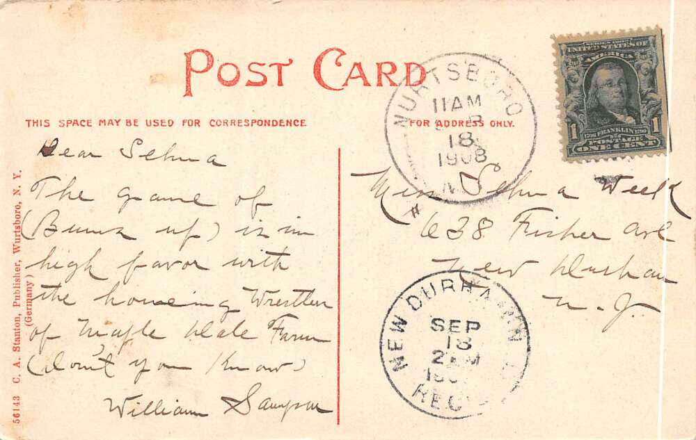 Wurtsboro New York Masten Lake, Divided Back Vintage Postcard U12585 - Image 2