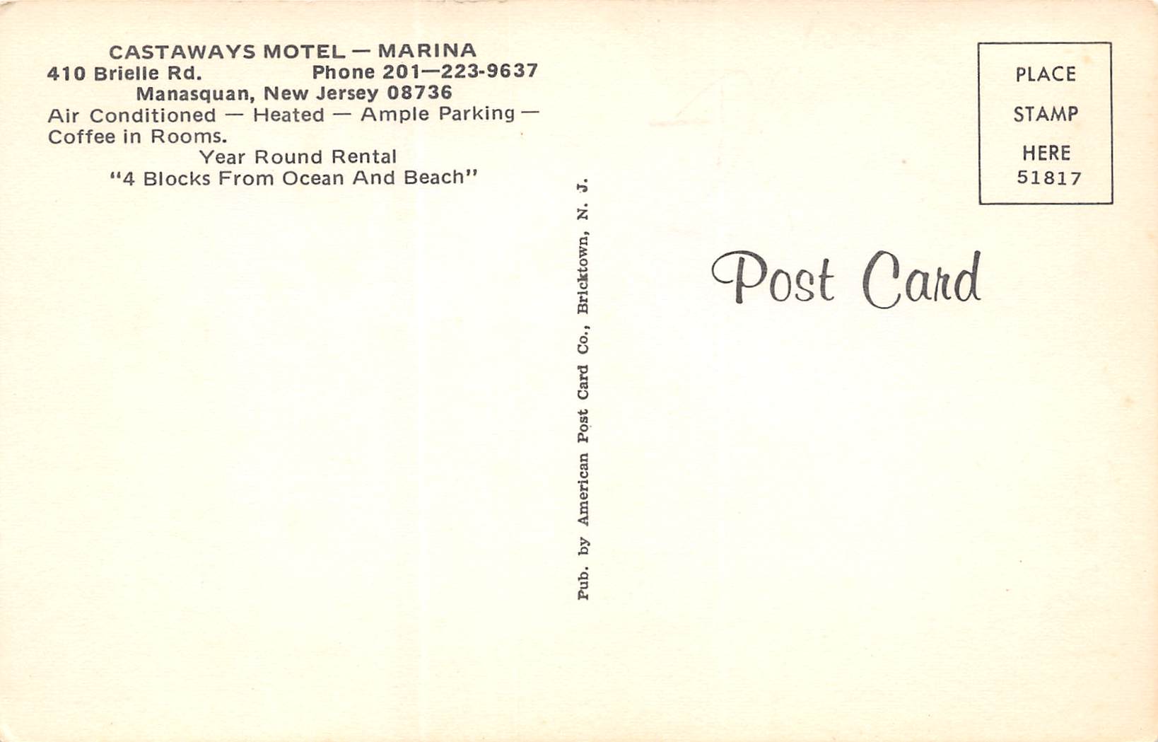 Manasquan New Jersey Castaways Motel & Marina, Photochrome Vintage PC U12658 - Image 2