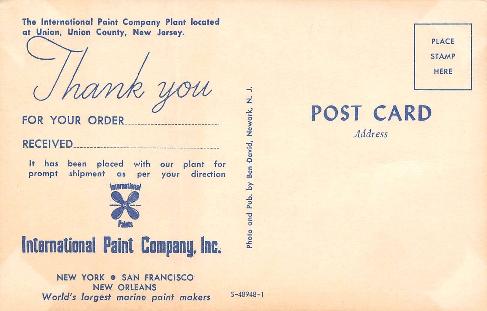 Union New Jersey International Paint Company Plant, Photochrome Postcard U12662 - Image 2