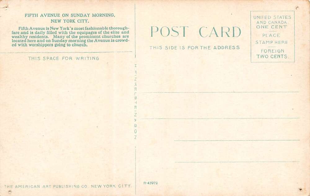 New York City New York 5th Avenue On Sunday Morning, Color Lithograph PC U12726 - Image 2