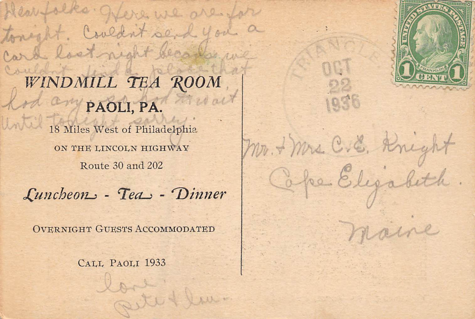 Paoli Pennsylvania Windmill Tea Room, Sepia Tone Photo Print Vintage PC U12768 - Image 2