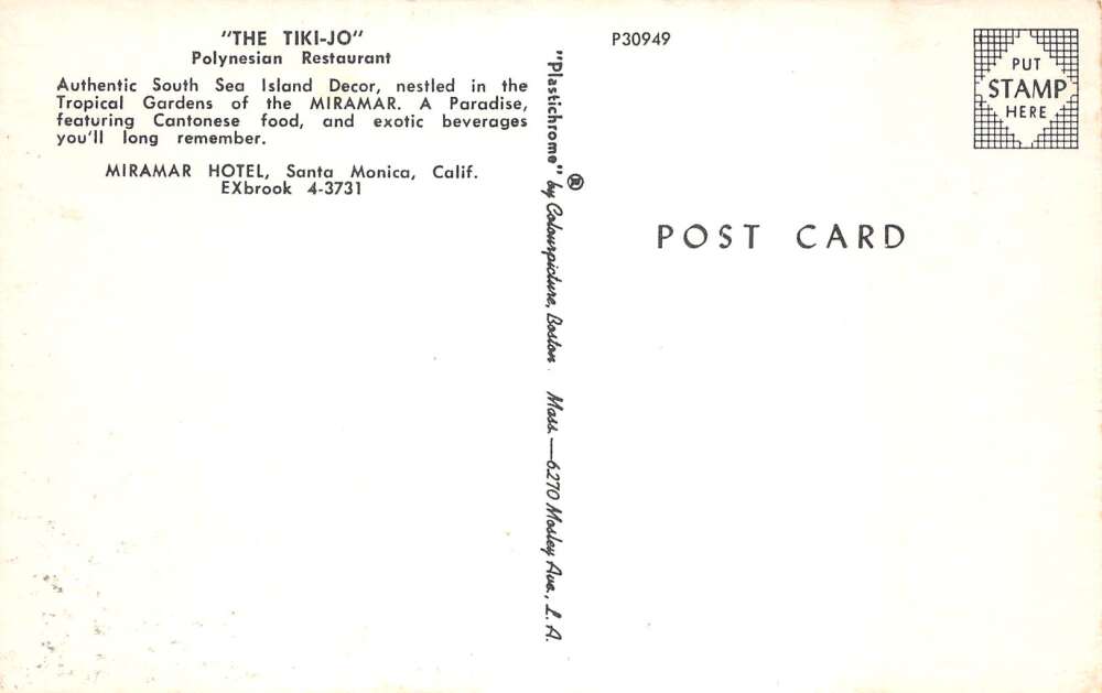 Santa Monica California Miramar Hotel Tiki-Jo Polynesian Restaurant PC AA108987 - Image 2