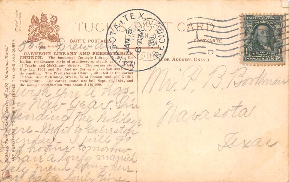 Houston Texas Carnegie Library Presbyterian Church Vintage Postcard AA109228 - Image 2