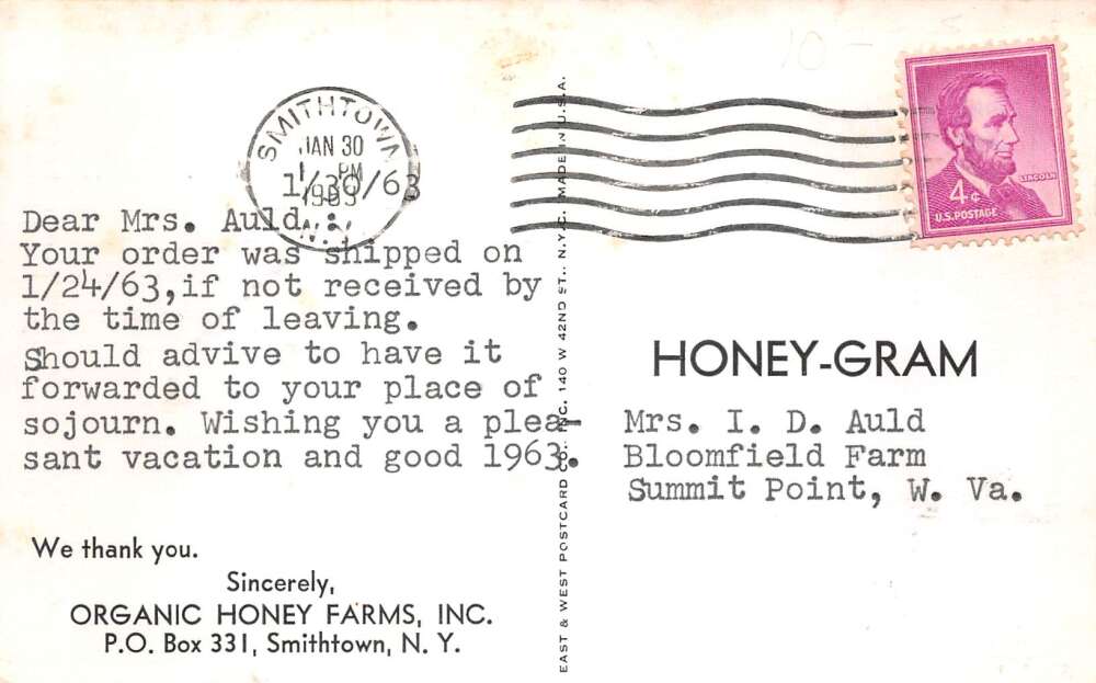 Smithtown New York Organic Honey Farm Beekeeper with Hive Postcard AA109427 - Image 2