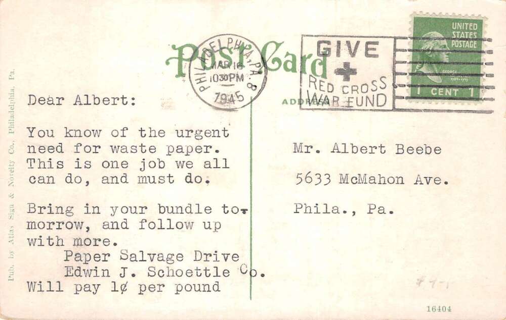 Philadelphia Pennsylvania Edwin Schoettle Bldg Paper Salvage Drive PC AA109478 - Image 2