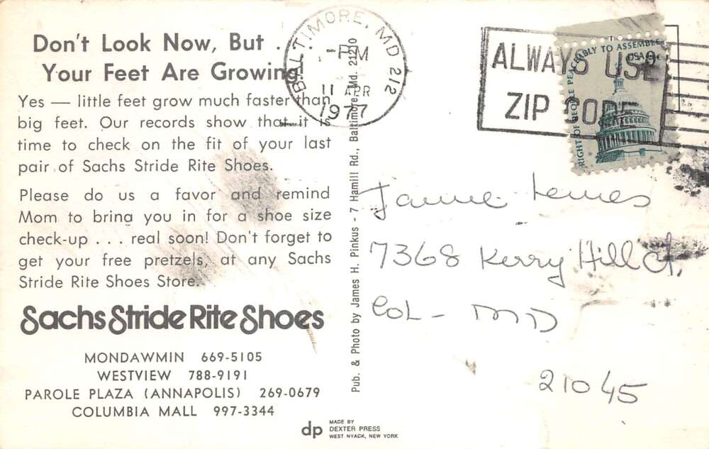 Baltimore Maryland Sachs Stride Rite Shoes Store Ad Vintage Postcard AA109481 - Image 2