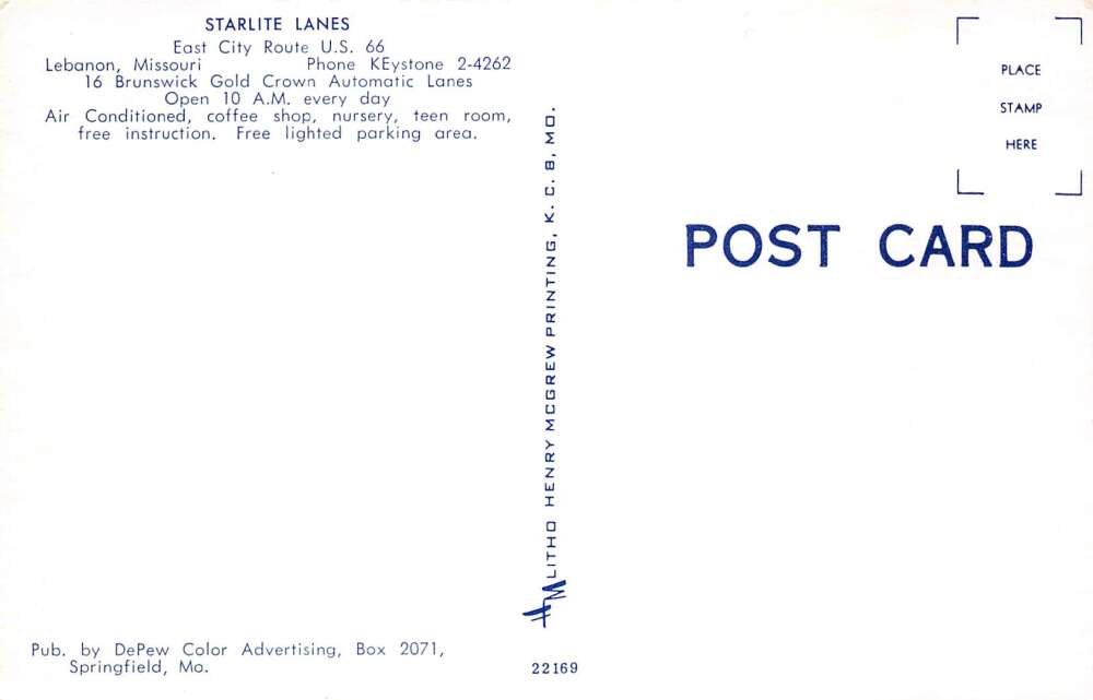 Lebanon Missouri Starlite Lanes Bowling Alley Vintage Postcard AA109584 - Image 2