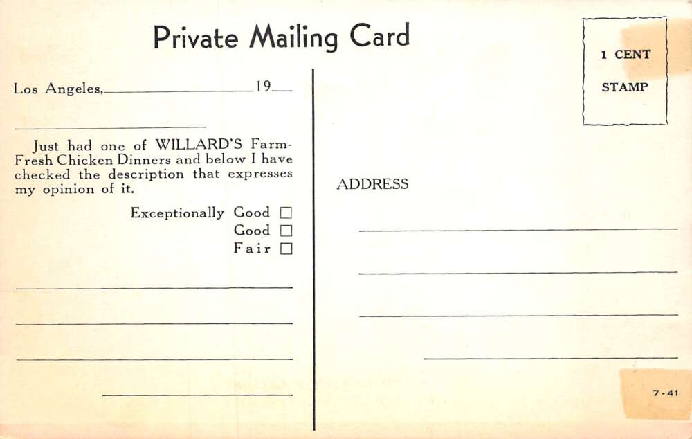 Los Angeles California Willard's Farm Fresh Chicken Dinners Postcard AA71778 - Image 2