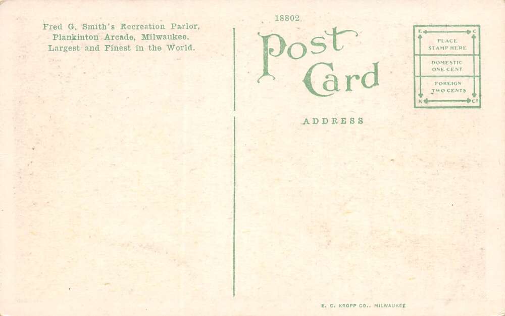 Milwaukee Wisconsin Plankinton Bowling Arcade, Color Lithograph Postcard U10972 - Image 2