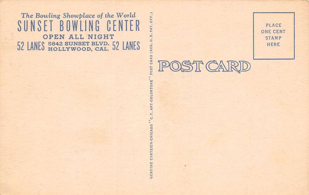 Hollywood California Sunset Bowling Center, Interior W/ Score Card, PC U10981 - Image 2