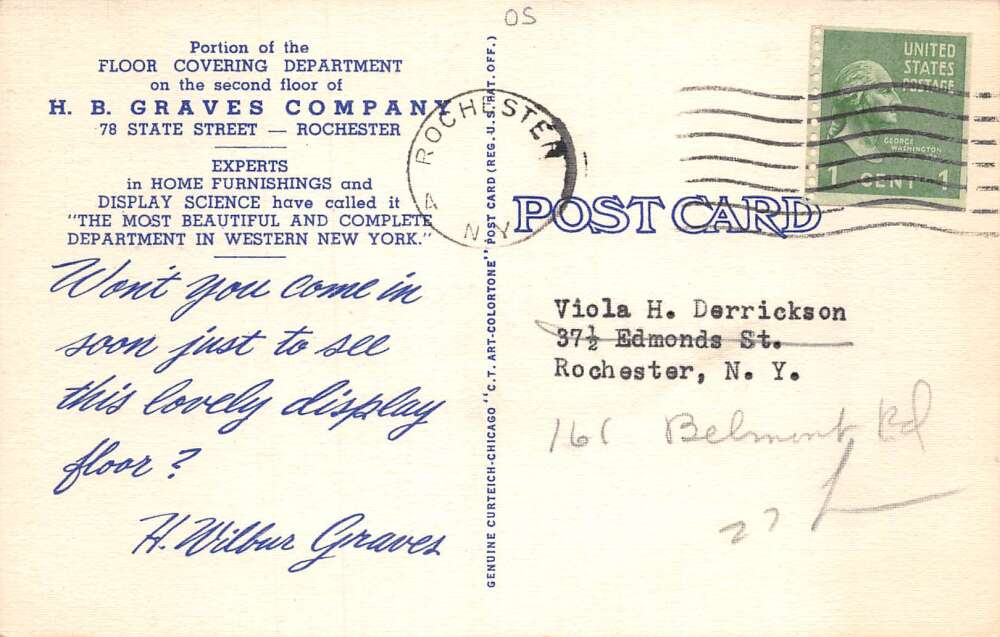 Rochester New York HB Graves Co Dept Store Rugs Vintage Postcard AA71973 - Image 2