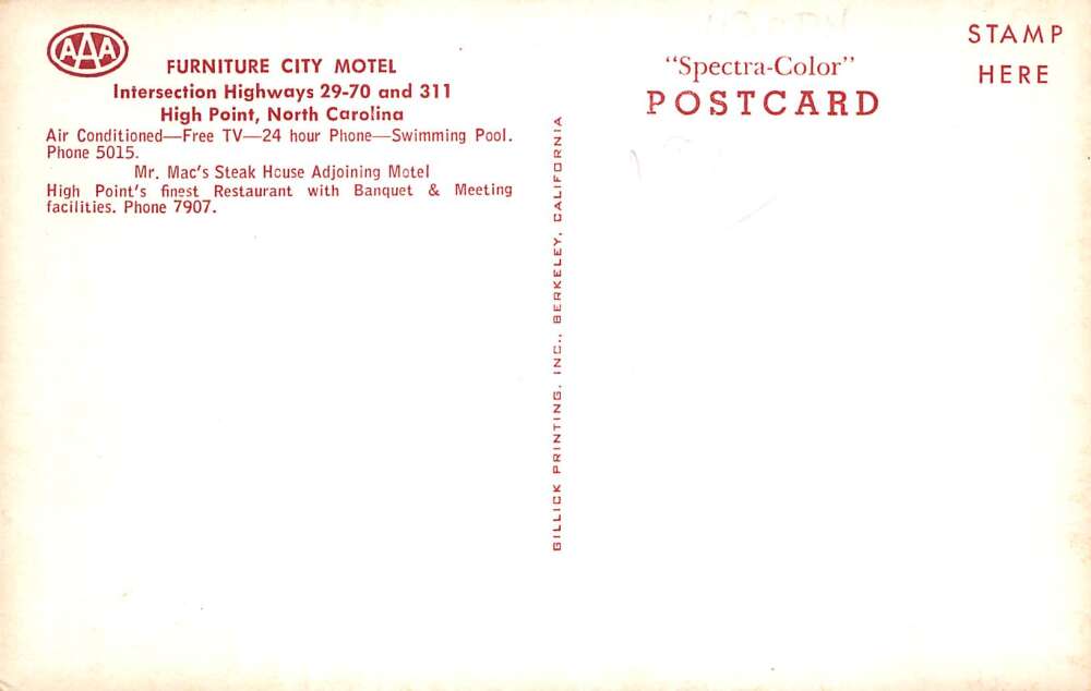 High Point North Carolina Furniture City Motel Vintage Postcard AA71984 - Image 2