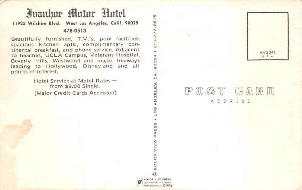 Los Angeles California Ivanhoe Motor Hotel Vintage Postcard AA71988 - Image 2