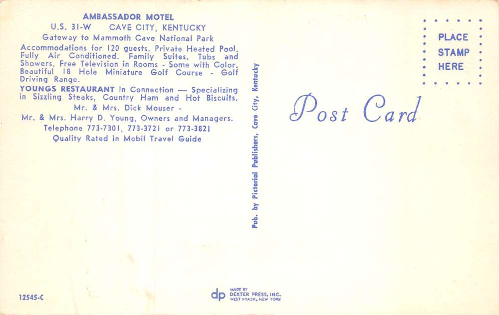 Cave City Kentucky Ambassador Motel Mini Golf Swimming Pool Postcard AA71996 - Image 2