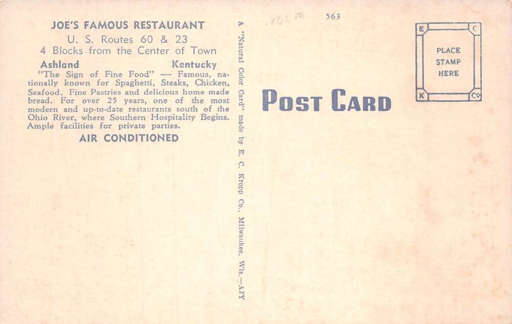 Ashland Kentucky Joe's Famous Restaurant Vintage Postcard AA72017 - Image 2