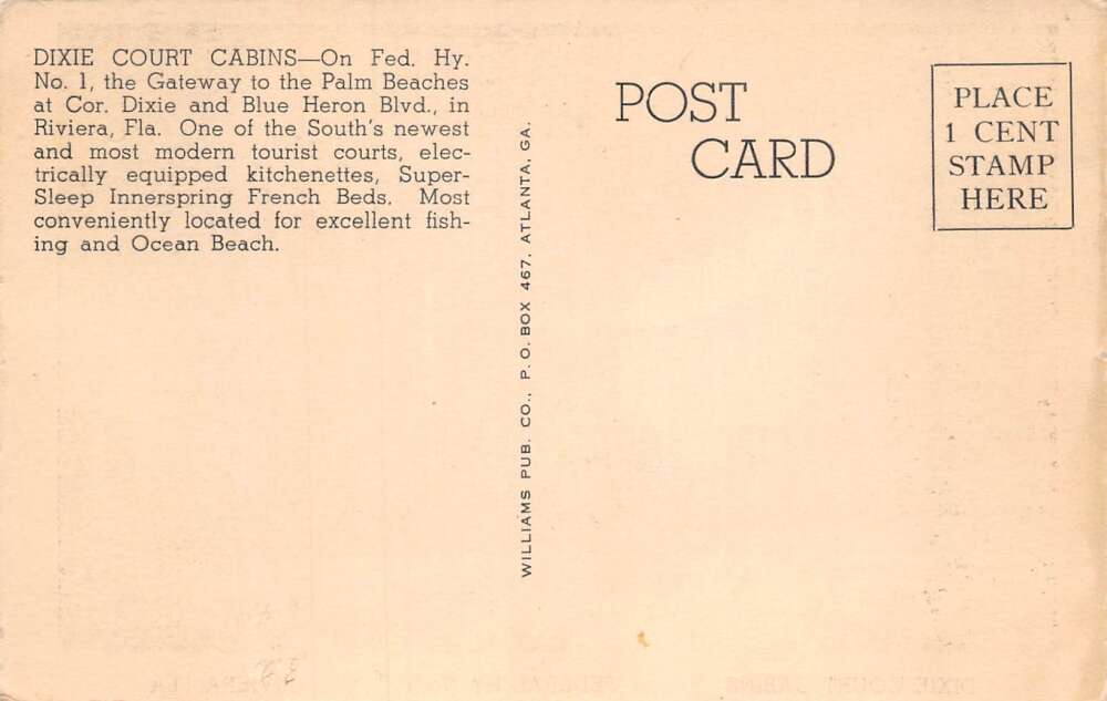 Riviera Florida Dixie Court Cabins Vintage Postcard AA72057 - Image 2
