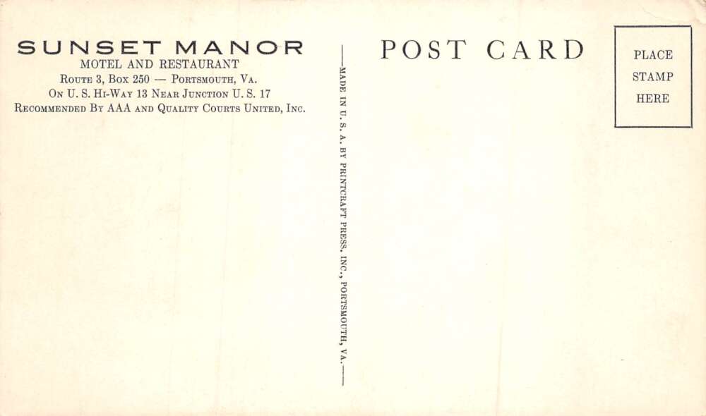 Portsmouth Virginia Sunset Manor and Restaurant Vintage Postcard AA72061 - Image 2