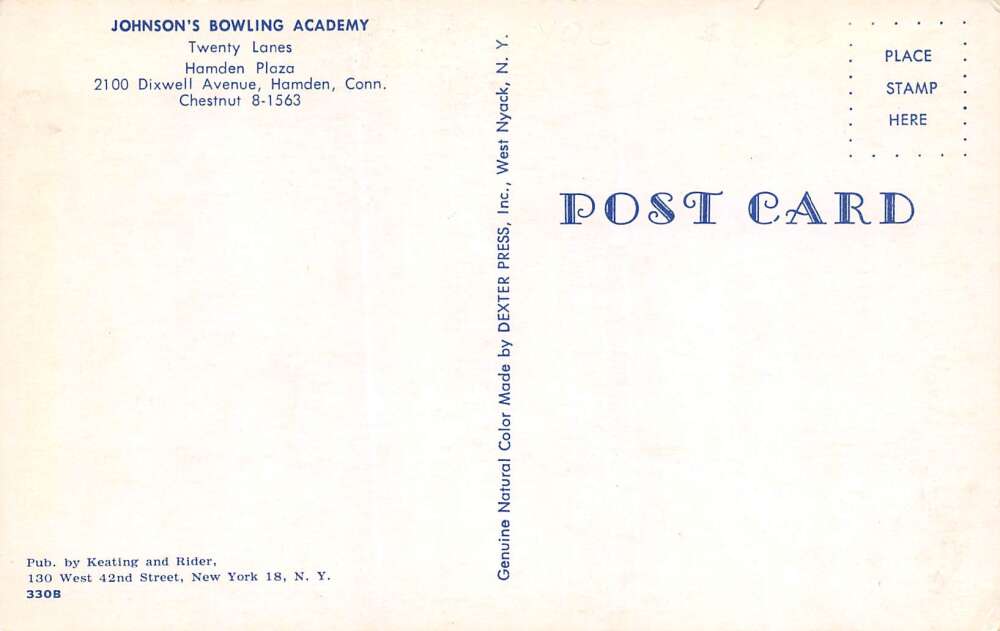 Hamden Connecticut Johnson's Bowling Academy, Photochrome Vintage PC U11142 - Image 2