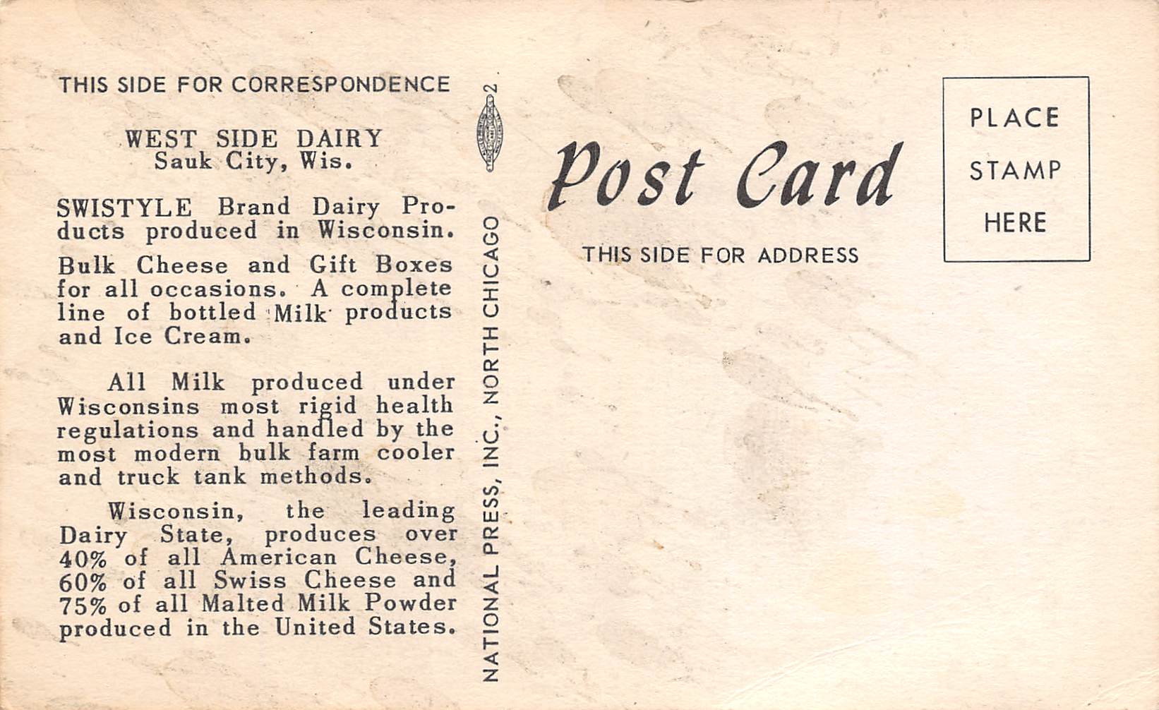 Sauk City Wisconsin West Side Dairy, B/W Linen Vintage Postcard U11190 - Image 2