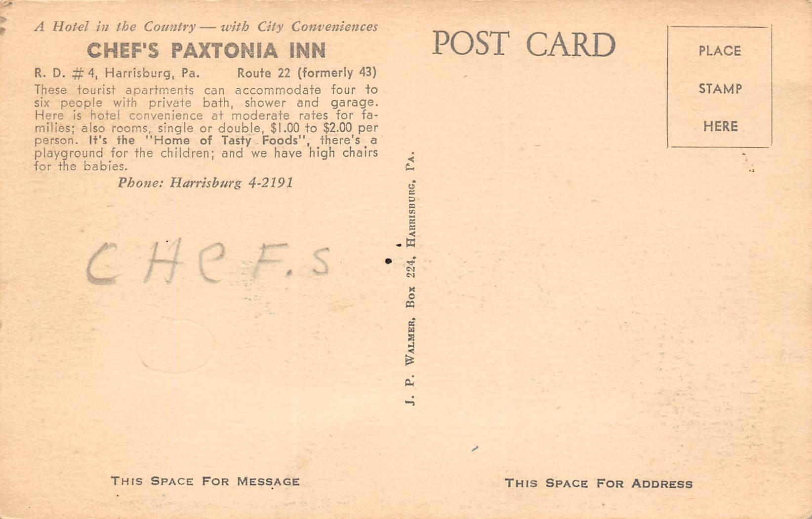 Harrisburg Pennsylvania Chef's Paxtonia Inn, Photo Print Vintage Postcard U11201 - Image 2