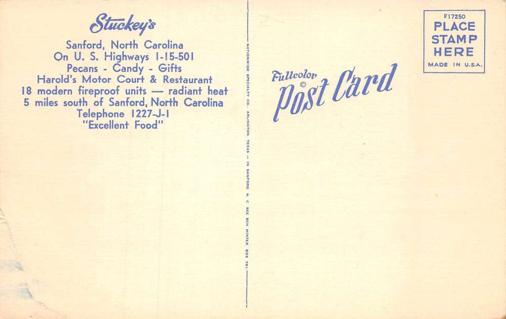 Sanford North Carolina Stuckey's Pecans Harolds Motor Court Postcard AA72092 - Image 2
