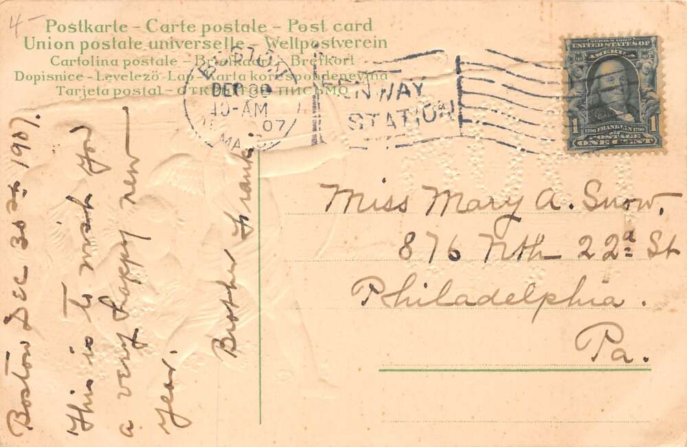 New Year Greetings 1908 Year Date Angels Archery Bow and Arrow PC AA72154 - Image 2