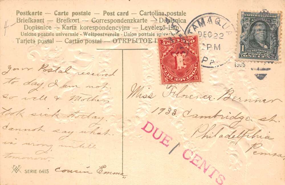 New Year Greetings 1907 Cherubs Angels Flowers PFB Vintage Postcard AA72159 - Image 2