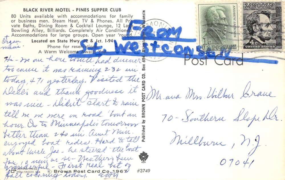 Black River Falls Wisconsin Pines Super Club Bowling Alley Postcard AA109593 - Image 2