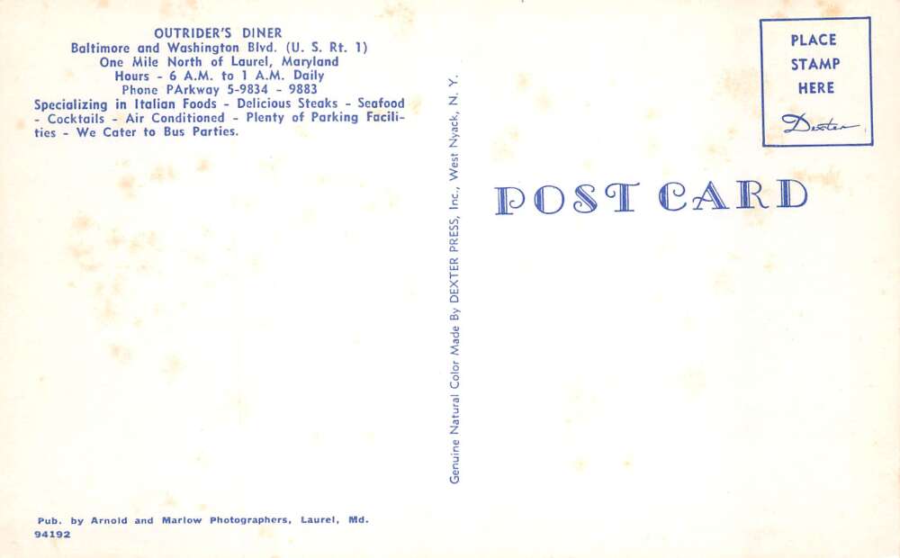 Laurel Maryland Outrider's Diner Vintage Postcard AA109784 - Image 2